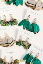 Load image into Gallery viewer, Emerald Gold Dipped Feather Tassel Statement Earrings