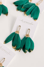 Load image into Gallery viewer, Emerald Gold Dipped Feather Tassel Statement Earrings