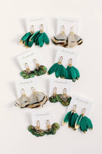 Load image into Gallery viewer, Emerald Gold Dipped Feather Tassel Statement Earrings