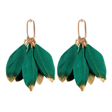 Load image into Gallery viewer, Emerald Gold Dipped Feather Tassel Statement Earrings