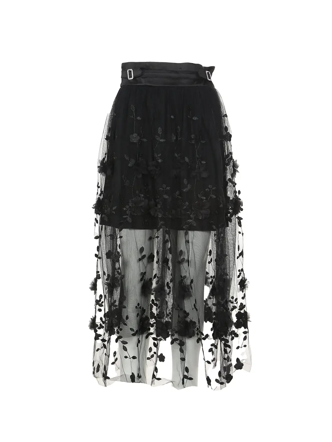 Beulah Style Flowers Tulle Midi Skirt