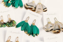 Load image into Gallery viewer, Emerald Gold Dipped Feather Tassel Statement Earrings
